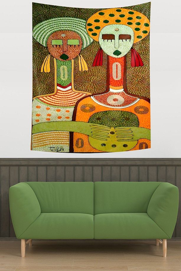 Ikili Kadın Temalı Leke Tutmaz Kumaş Duvar Örtüsü Duvar Halısı Tapestry - 3