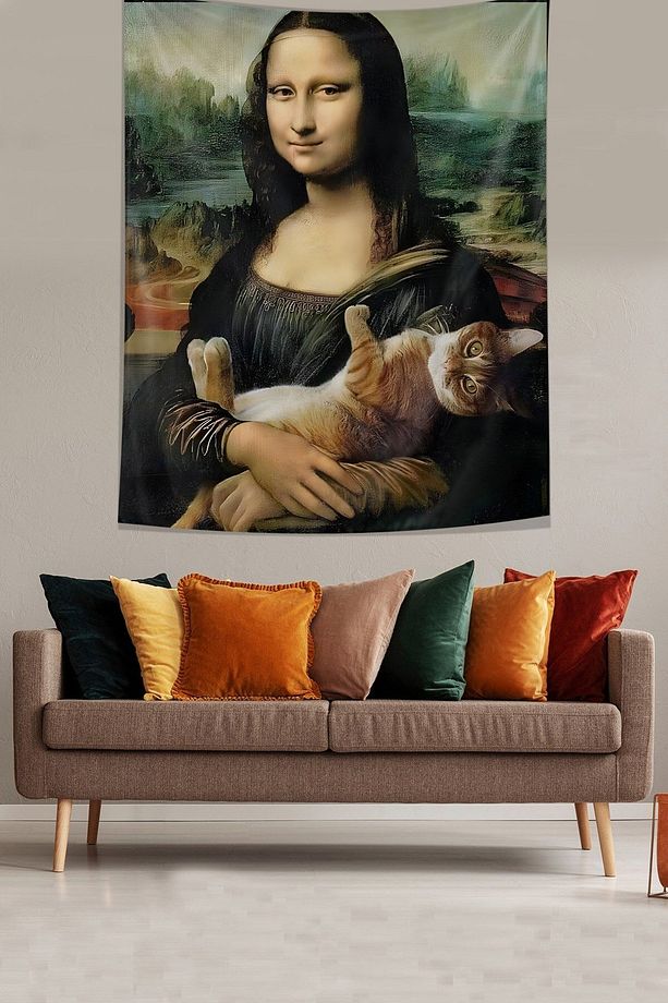 Komik Mona Lisa Ve Kedi Leke Tutmaz Kumaş Duvar Örtüsü Duvar Halısı Tapestry - 3