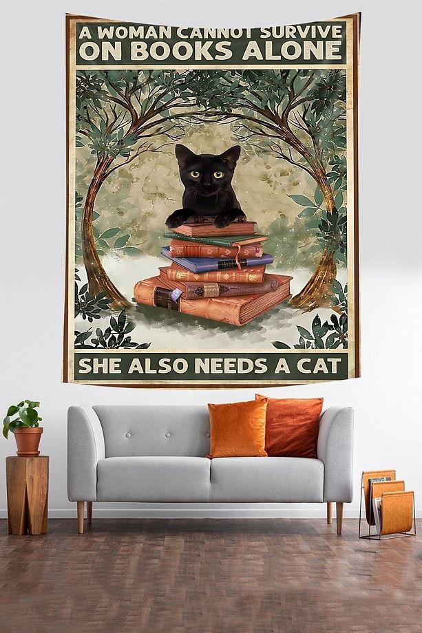 Ormandaki Kitaplar ve Siyah Kedi Leke Tutmaz Kumaş Duvar Örtüsü Duvar Halısı Tapestry - 2