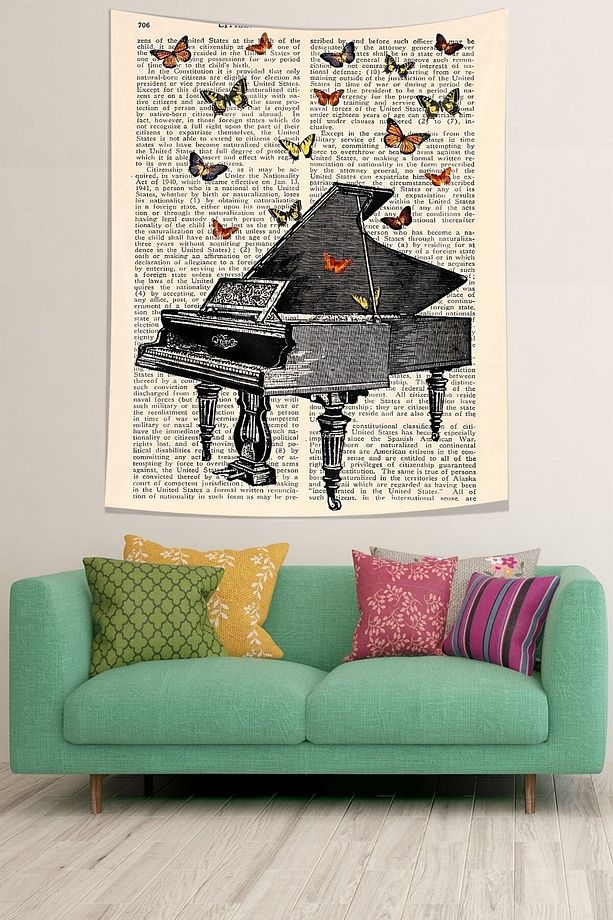 Piyano ve Kelebekler Leke Tutmaz Kumaş Duvar Örtüsü Duvar Halısı Tapestry - 2