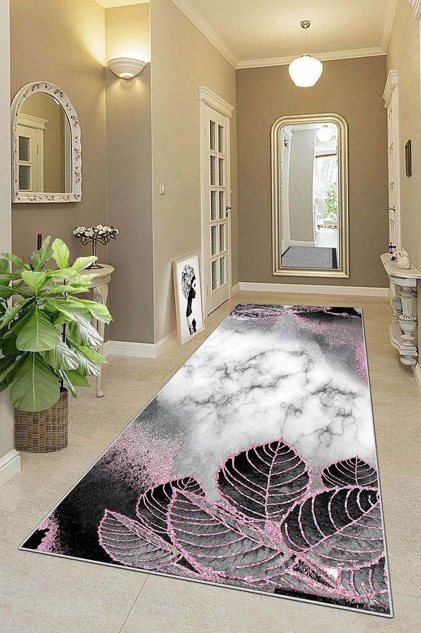 Mermer Desenli Yaprak Desenli Dijital Baskı Yıkanabilir Kaymaz Taban Salon Halı ve Yolluk - 4