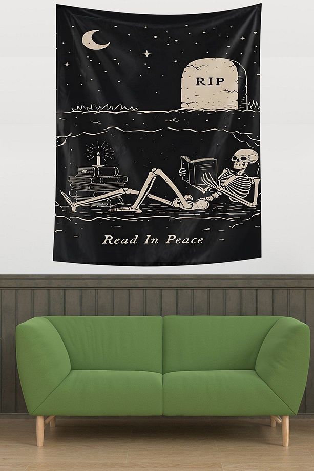 Read İn Peace Yazılı İskelet Desen Leke Tutmaz Kumaş Duvar Örtüsü Duvar Halısı Tapestry - 3