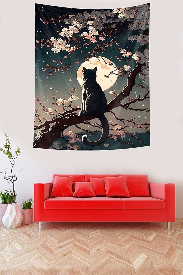 Ağaçtaki Kedi Leke Tutmaz Kumaş Duvar Örtüsü Duvar Halısı Tapestry - 2