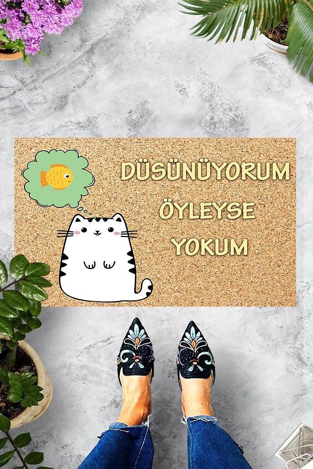 Dijital Baskılı Düşünüyorum Öyleyse Yokum Yazılı Dekoratif Kapı Önü Paspası - 1