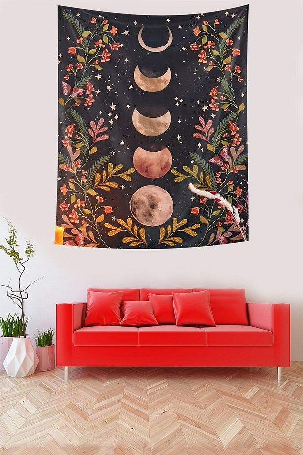 Ayın Evreleri Yıldızlar ve Çiçekler Leke Tutmaz Kumaş Duvar Örtüsü Duvar Halısı Tapestry - 3
