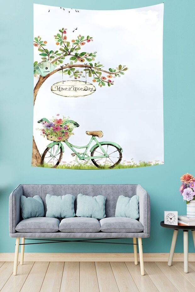 Ağacın Altındaki Bisiklet Doğa Temalı Leke Tutmaz Kumaş Duvar Örtüsü Duvar Halısı Tapestry - 2