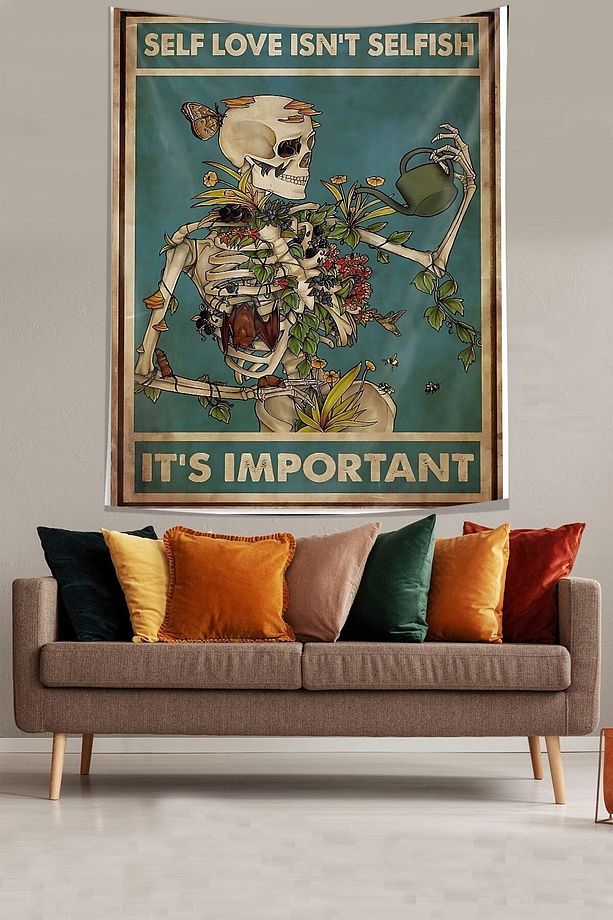 Üzerindeki Çiçekleri Sulayan İskelet Leke Tutmaz Kumaş Duvar Örtüsü Duvar Halısı Tapestry - 3