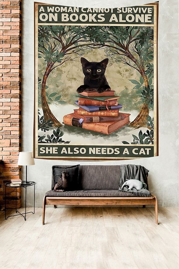 Ormandaki Kitaplar ve Siyah Kedi Leke Tutmaz Kumaş Duvar Örtüsü Duvar Halısı Tapestry - 3