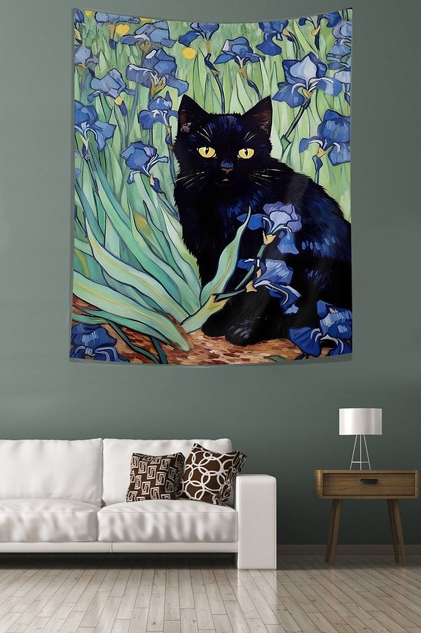 Çiçekler İçinde Kara Kedi Leke Tutmaz Kumaş Duvar Örtüsü Duvar Halısı Tapestry - 1
