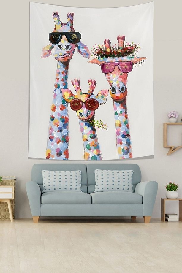 Gözlüklü Zürafa Aile Leke Tutmaz Kumaş Duvar Örtüsü Duvar Halısı Tapestry - 1