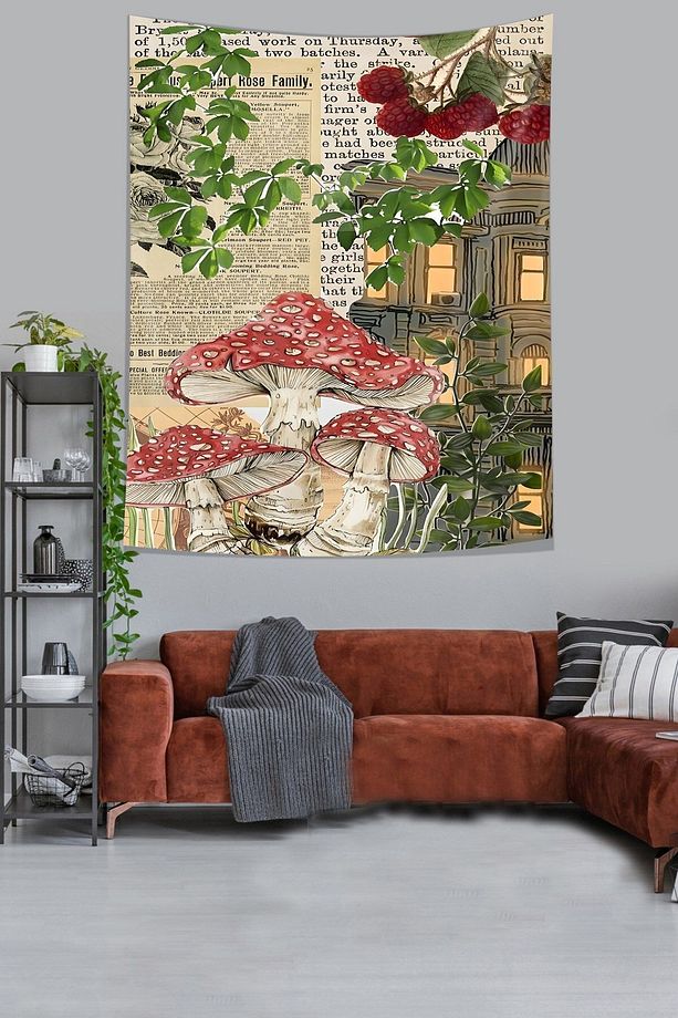 Ahududu ve Mantarlar Leke Tutmaz Kumaş Duvar Örtüsü Duvar Halısı Tapestry - 3