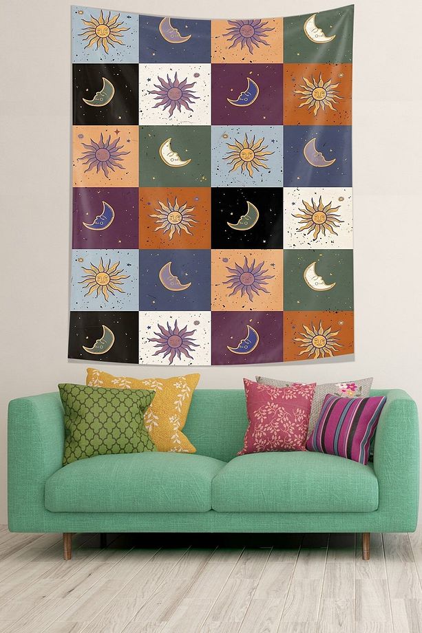 Güneş İle Ay Leke Tutmaz Kumaş Duvar Örtüsü Duvar Halısı Tapestry - 2