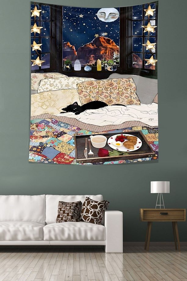 Evdeki Huzur Ve Yıldızlı Gece Leke Tutmaz Kumaş Duvar Örtüsü Duvar Halısı Tapestry - 2