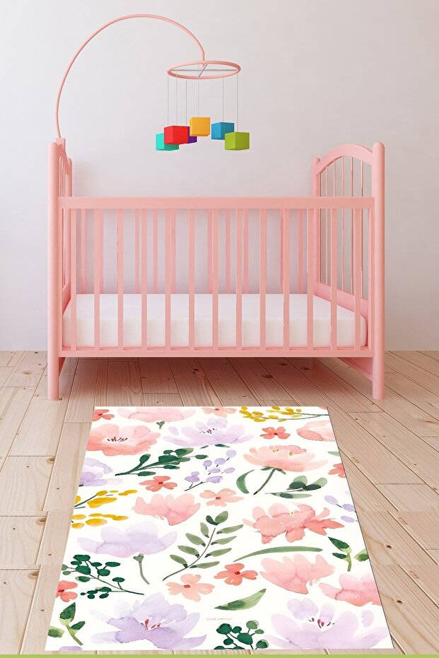 Suluboya Çiçekler Desenli Yıkanabilir Kaymaz Taban Leke Tutmaz Çocuk Odası Halısık - 2