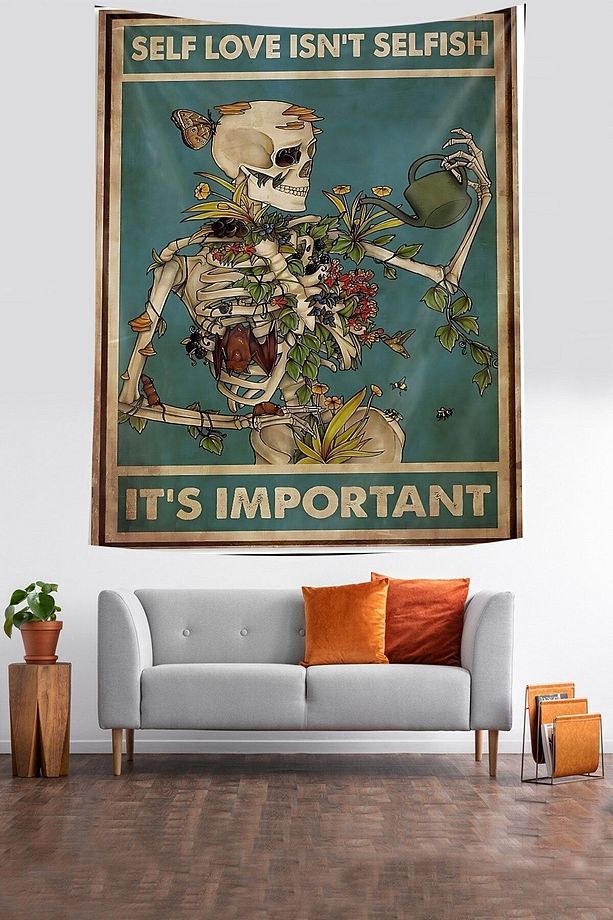 Üzerindeki Çiçekleri Sulayan İskelet Leke Tutmaz Kumaş Duvar Örtüsü Duvar Halısı Tapestry - 1