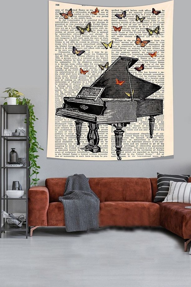 Piyano ve Kelebekler Leke Tutmaz Kumaş Duvar Örtüsü Duvar Halısı Tapestry - 1