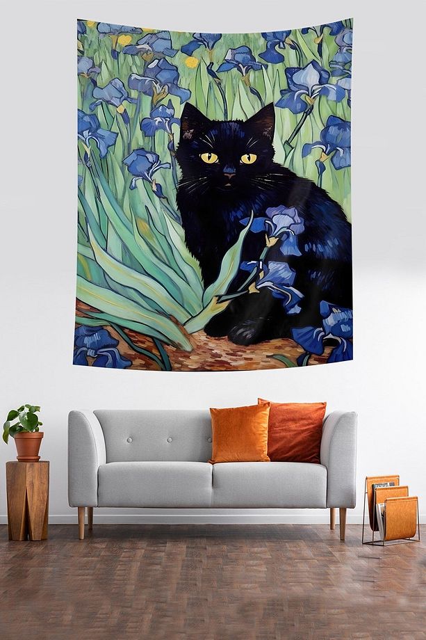 Çiçekler İçinde Kara Kedi Leke Tutmaz Kumaş Duvar Örtüsü Duvar Halısı Tapestry - 2