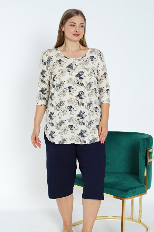 Plus Size Flexible Viscose Nightgown and Shorts Set - Three Quarter Sleeves and Buttons - 1