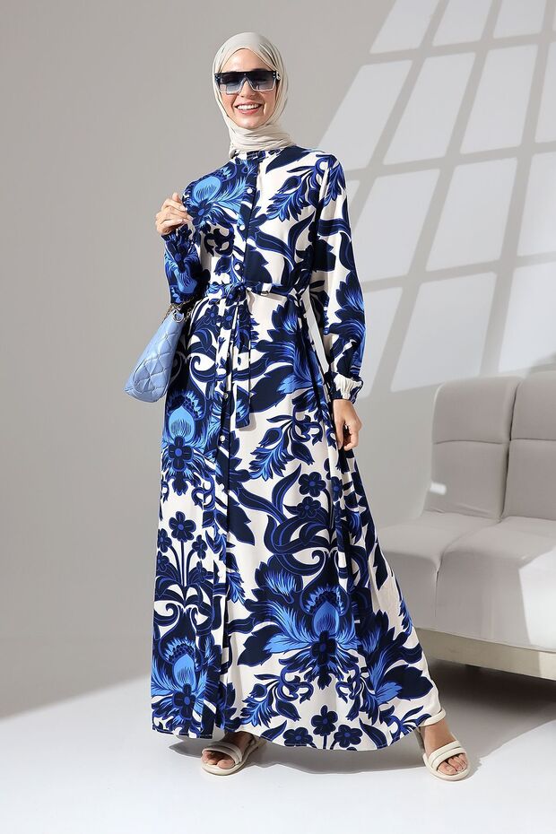 100% Viscose - Long Floral Print Collarless Summer Dress with Buttons and Belt