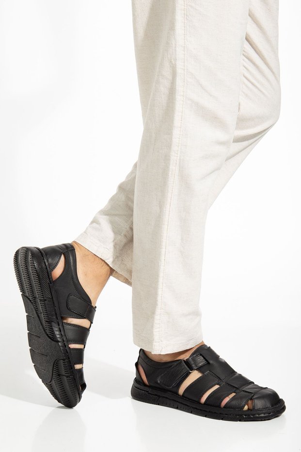 Men's Genuine Calfskin Leather Orthopedic Velcro Closed Black Sandals with Thick Pads Inside