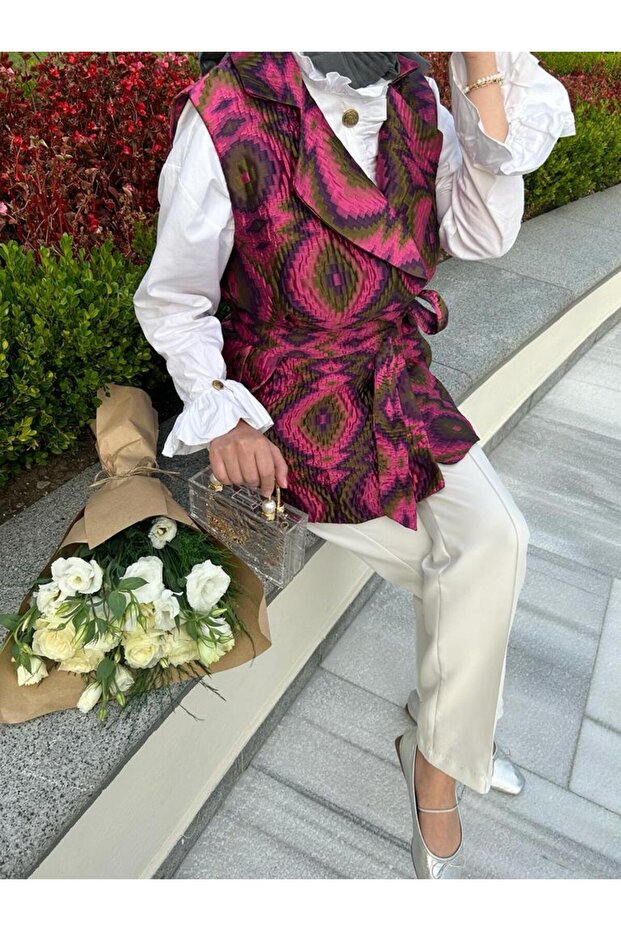 Colorful İpek Kapitone Yelek Pembe - 3