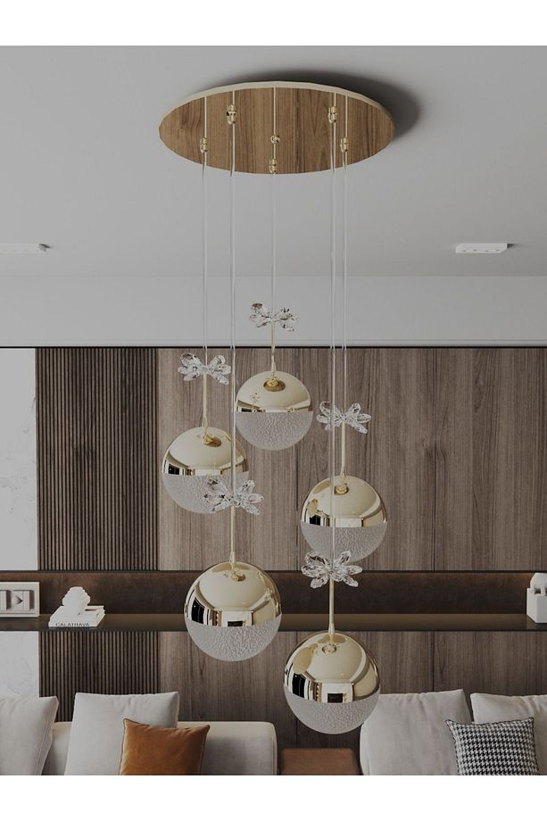Enerji Tasarruflu-yaprak Desenli-modern Ve Lüks Gold- 3 Işıklı-5li Tepsi Led Avize - 1