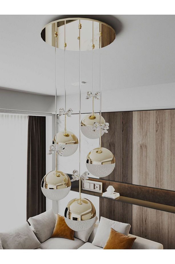 Enerji Tasarruflu-yaprak Desenli-modern Ve Lüks Gold- 3 Işıklı-5li Tepsi Led Avize - 2