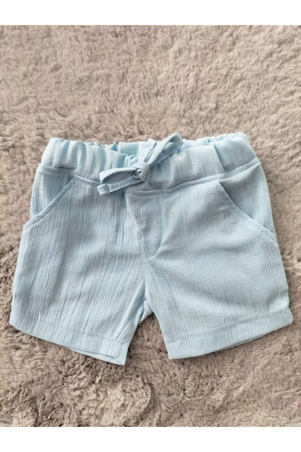 Men's Organic Şile Fabric Cotton Blue Baby and Children's Shorts with Elastic Pocketed and Pockets