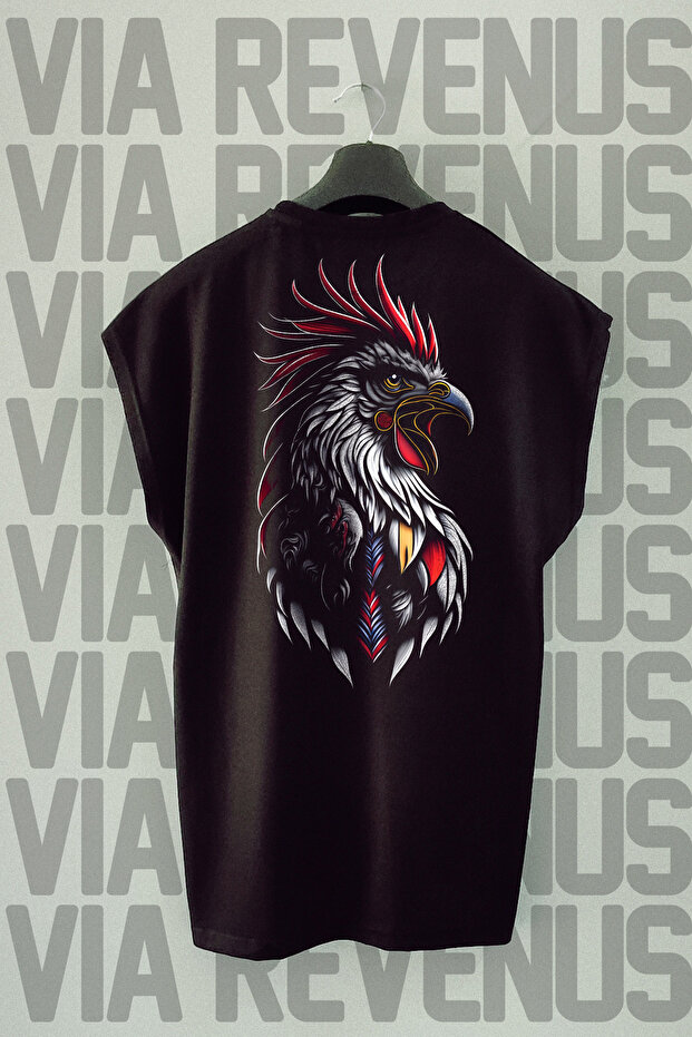 Rooster Back Printed Zero Sleeve Black Sports T-Shirt