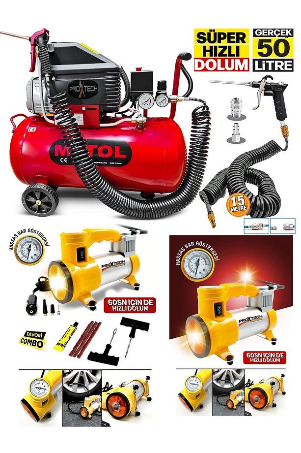 50 Litre Yağlı Sesli Hızlı Hava Kompresörü 2Hp 8 Bar ve Çakmaklığı Takılan Mini Araç Kompresörü - 2