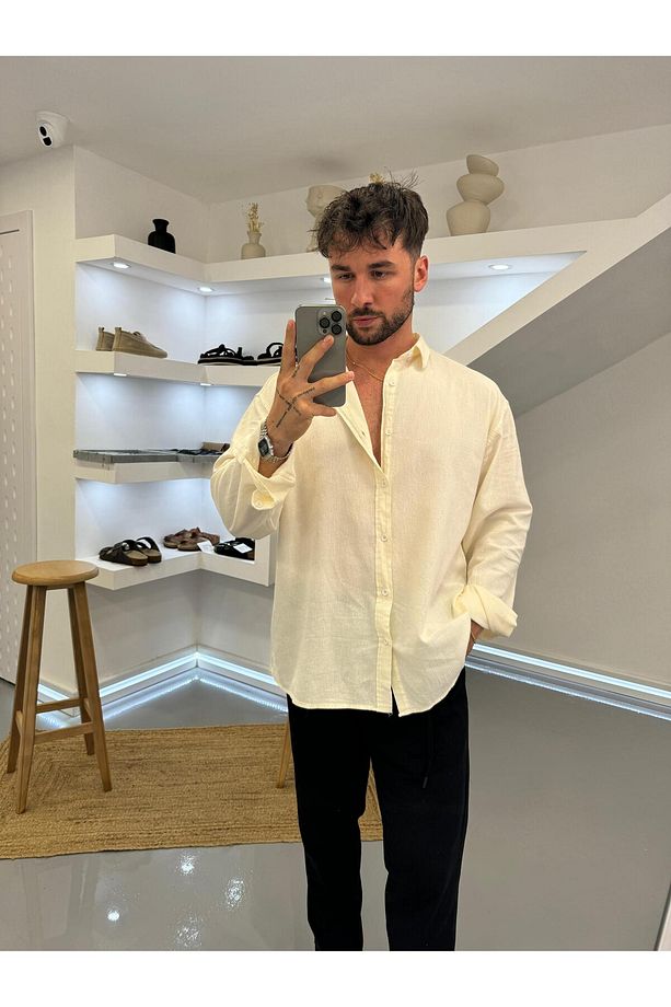 Bej Oversize Krinkıl Keten Gömlek - 4