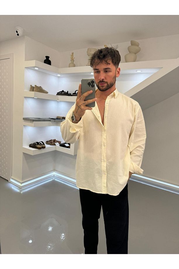 Bej Oversize Krinkıl Keten Gömlek - 2