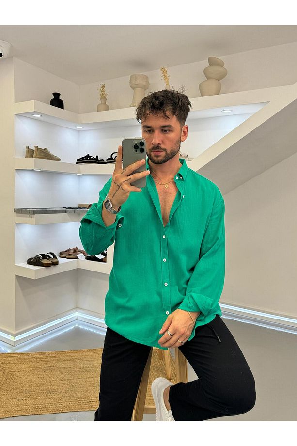 Yeşil Oversize Krinkıl Keten Gömlek - 1