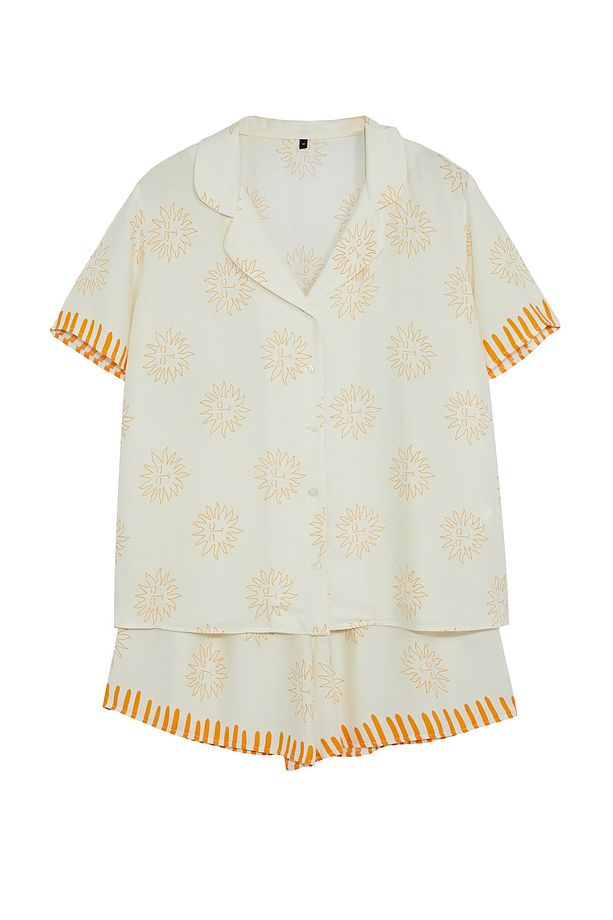 Ekru Güneş Desenli Gömlek Yaka Dokuma Pijama Takımı TBBSS24AI00144 - 6