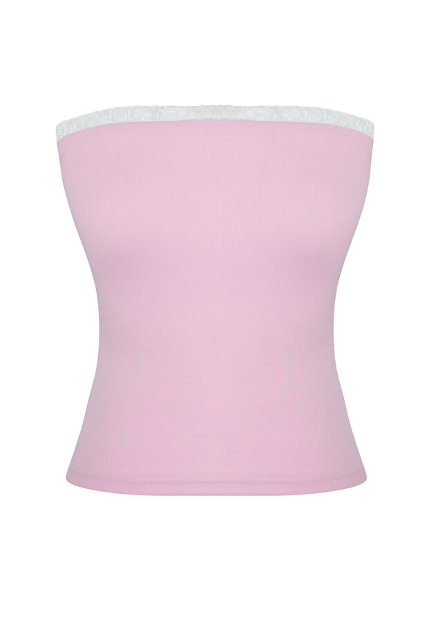 Pembe Fitilli Straplez Yaka Dokuma Garnili Vücuda Oturan Pamuklu Crop Örme Bluz TWOSS24BZ00361 - 6