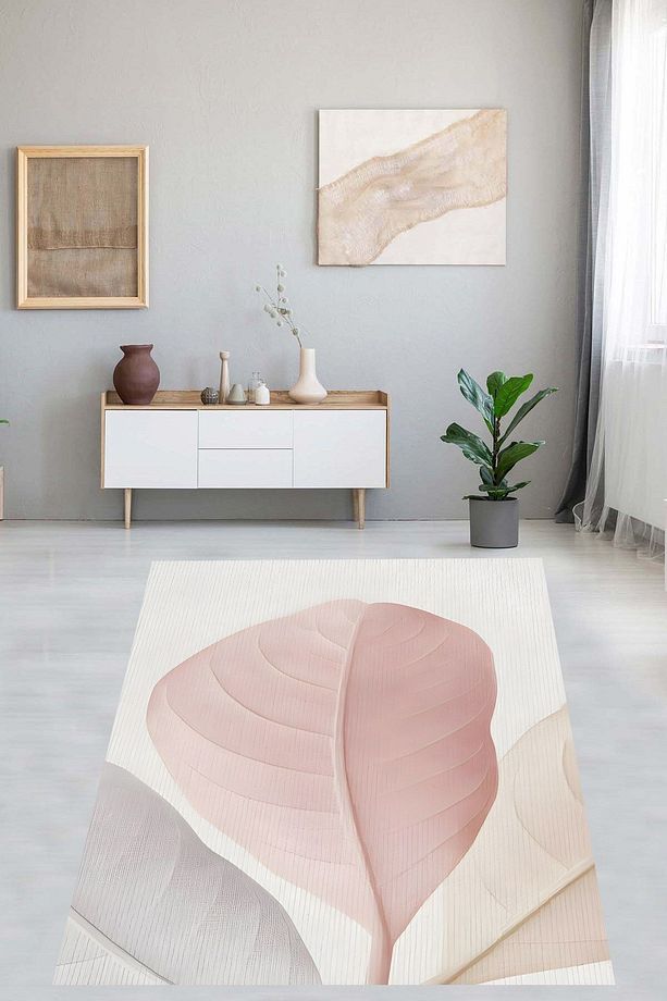 Minimal Yapraklar Soyut Yıkanabilir Kaymaz Taban Leke Tutmaz Salon Halısı - 2
