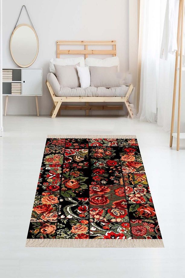 Patchwork Gül Desenli Dijital Baskı Yıkanabilir Kaymaz Taban Kilim - 1