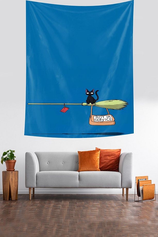 Cadı Süpürgesi İle Uçan Siyah Kedi Leke Tutmaz Kumaş Duvar Örtüsü Duvar Halısı Tapestry - 2