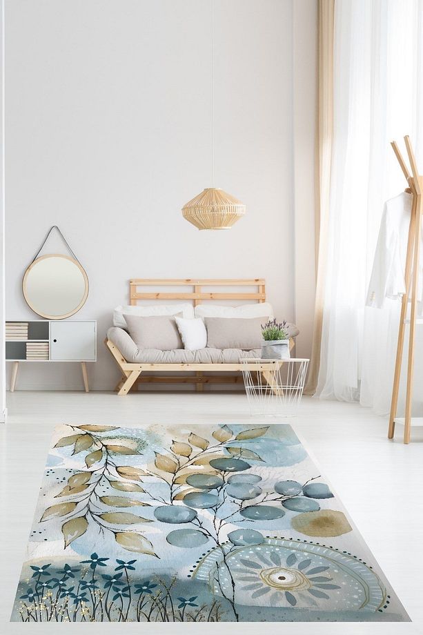 Yaprak Ve Çiçek Desenli Modern Yıkanabilir Kaymaz Taban Leke Tutmaz Salon Halısı - 1