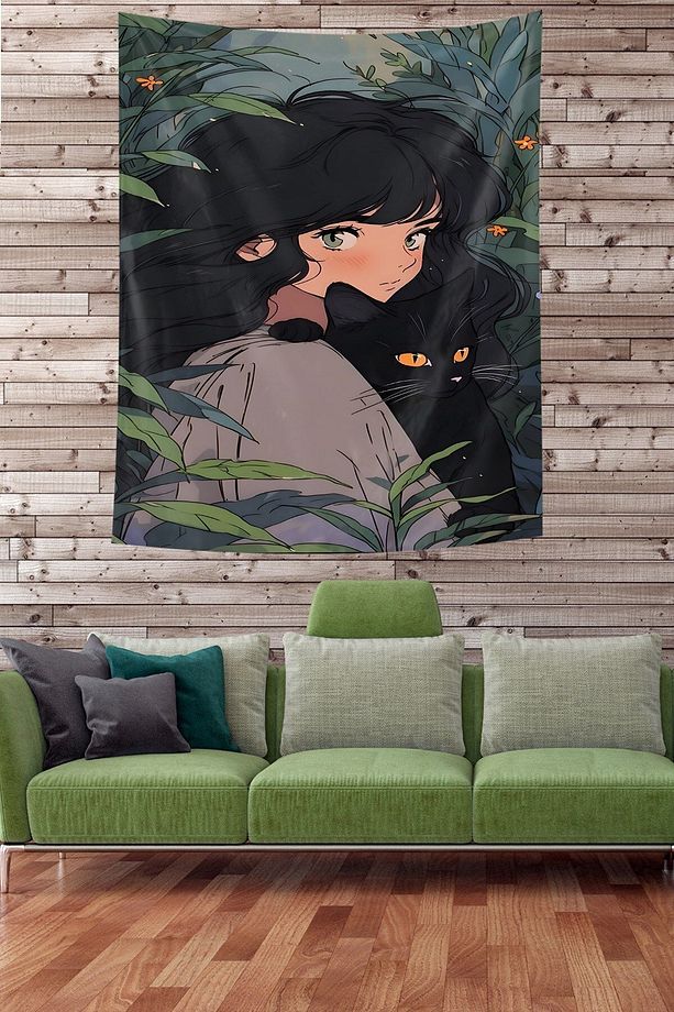 Kız ve Kara Kedi Leke Tutmaz Kumaş Duvar Örtüsü Duvar Halısı Tapestry - 1