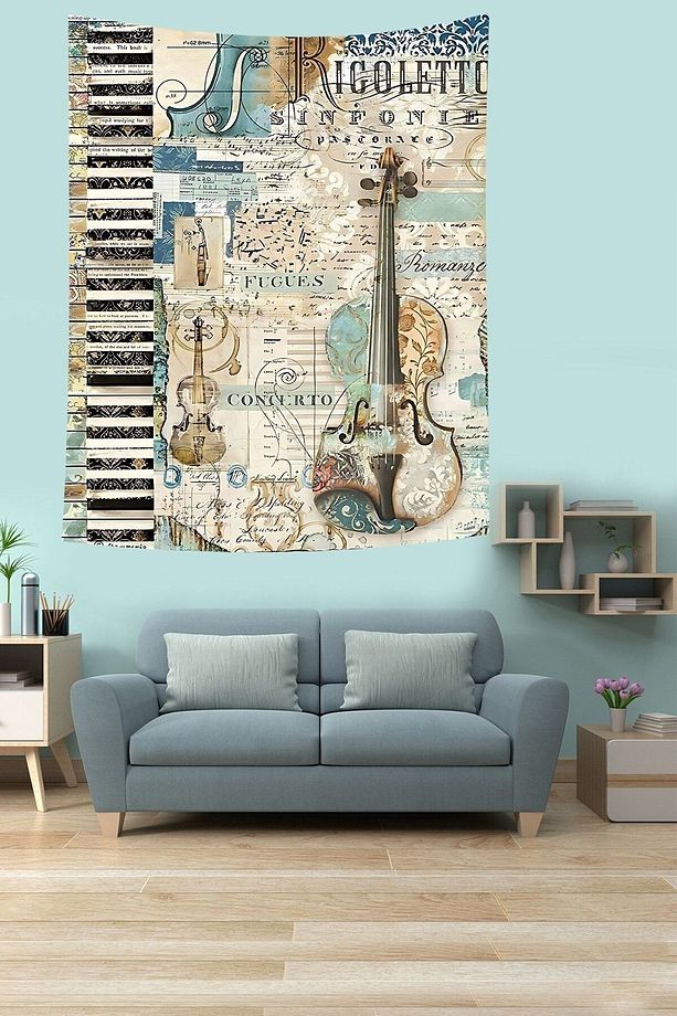 Ekart Çello Keman Piyano Enstrümanlar Tasarım Leke Tutmaz Kumaş Duvar Örtüsü Duvar Halısı Tapestry - 2