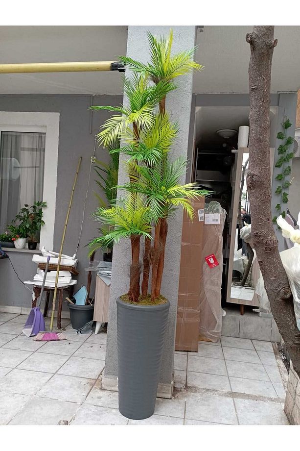 Dev boy areka palmiye ağacı 5 gövde 45 yaprak 240 cm ev ve ofis için yapay ağaç kumsal vazoda - 2