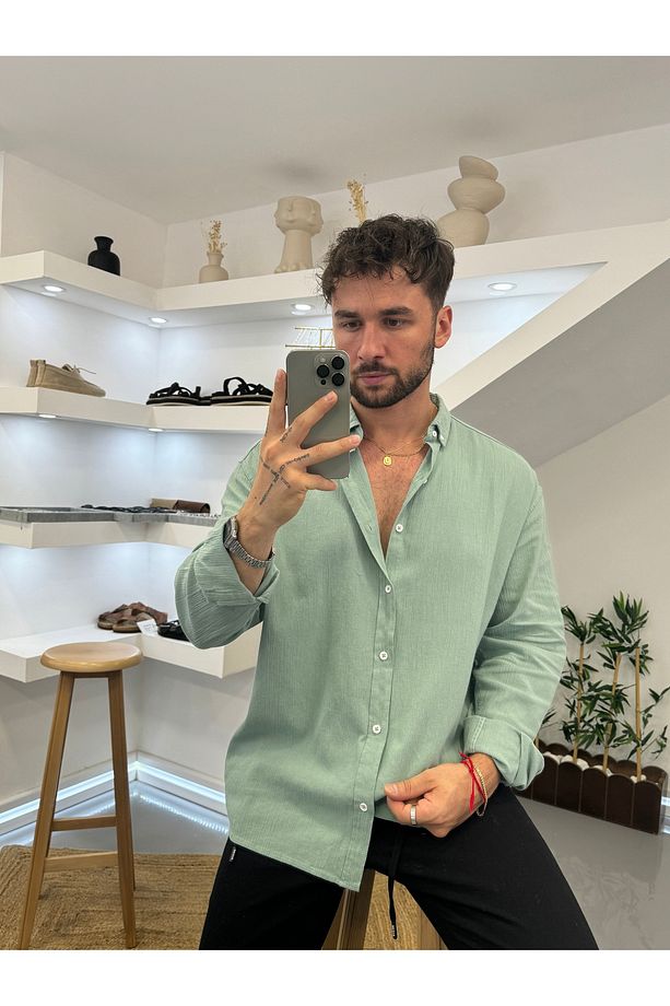 Mint Oversize Krinkıl Keten Gömlek - 5