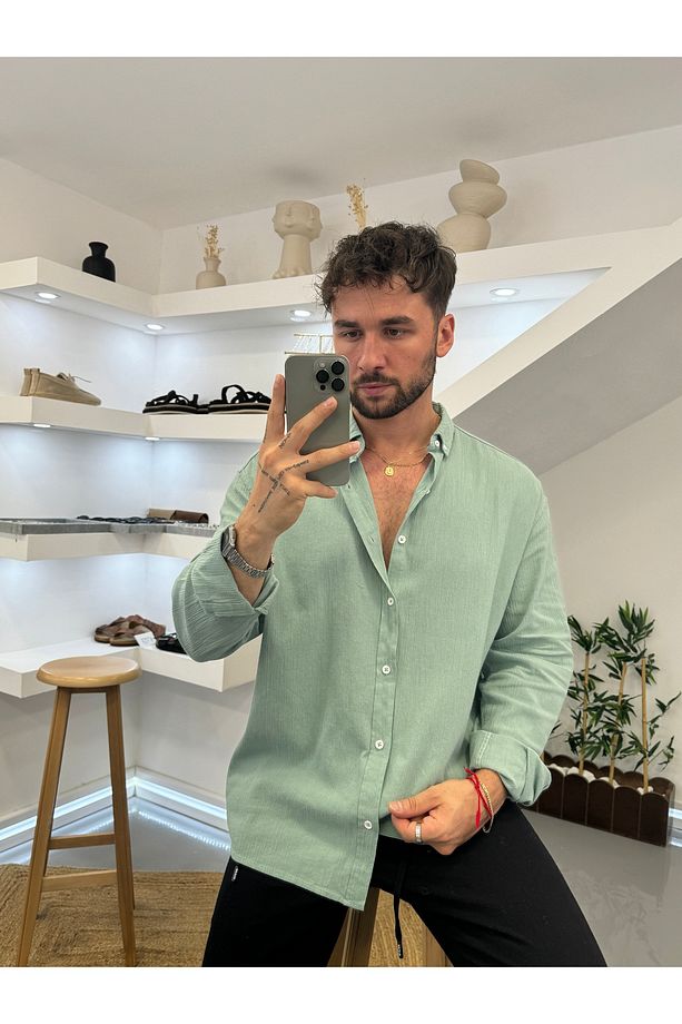 Mint Oversize Krinkıl Keten Gömlek - 4