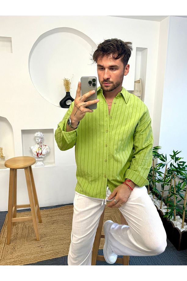 Yeşil Şeritli Oversize Giesto Gömlek - 4