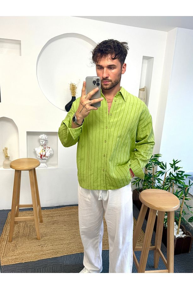 Yeşil Şeritli Oversize Giesto Gömlek - 5