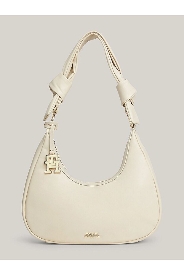 Women's Leather Brand Logo Zippered Daily Use White Shoulder Bag AW0AW16073-0K4