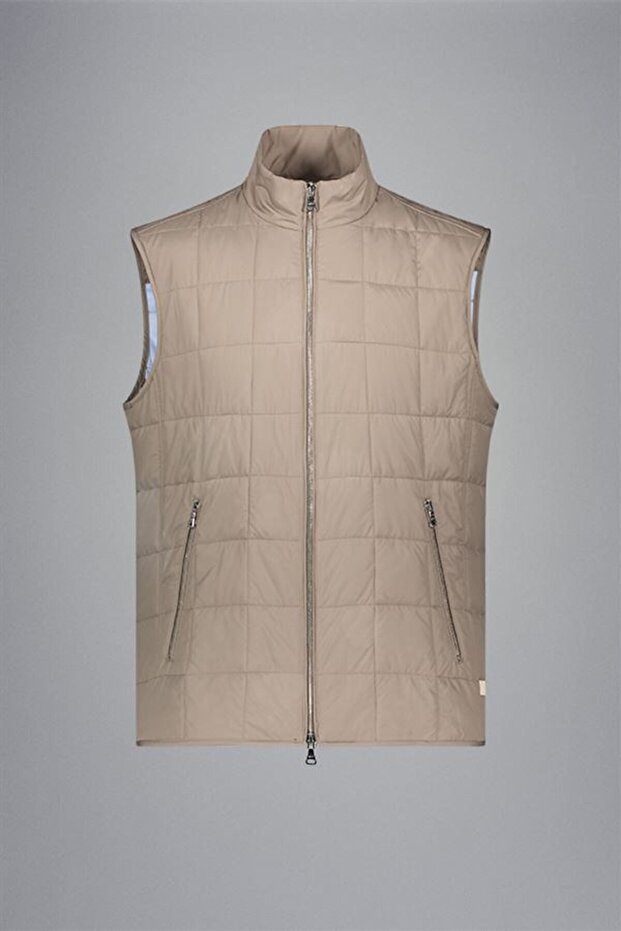 Men's Zipper Closure Stand Collar Sleeveless Beige Vest24412610-423