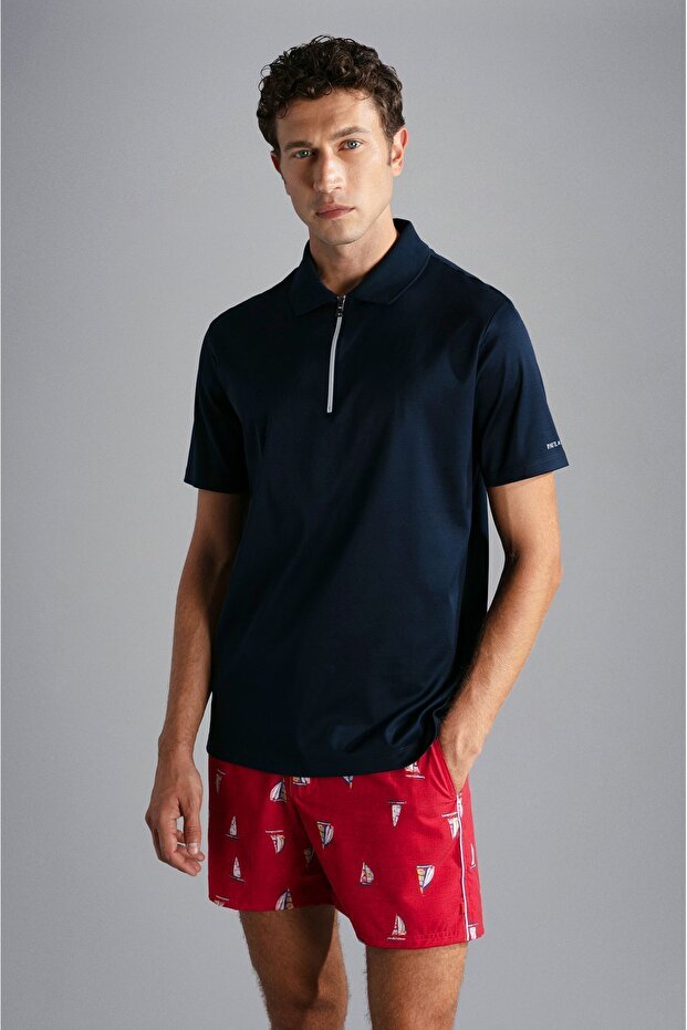 Men's Cotton Polo Collar Button Closure Short Sleeve Navy Blue Polo Collar T-shirt24411321-013
