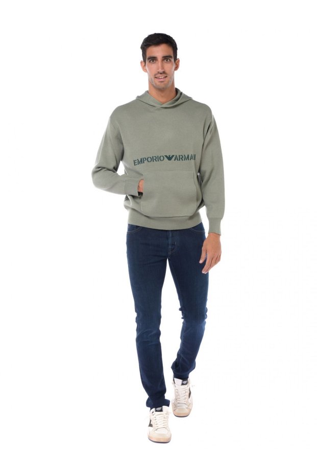 Men's Logo Detailed Hooded Drawstring Green Sweater 6R1MX7 1MNBZ-F552